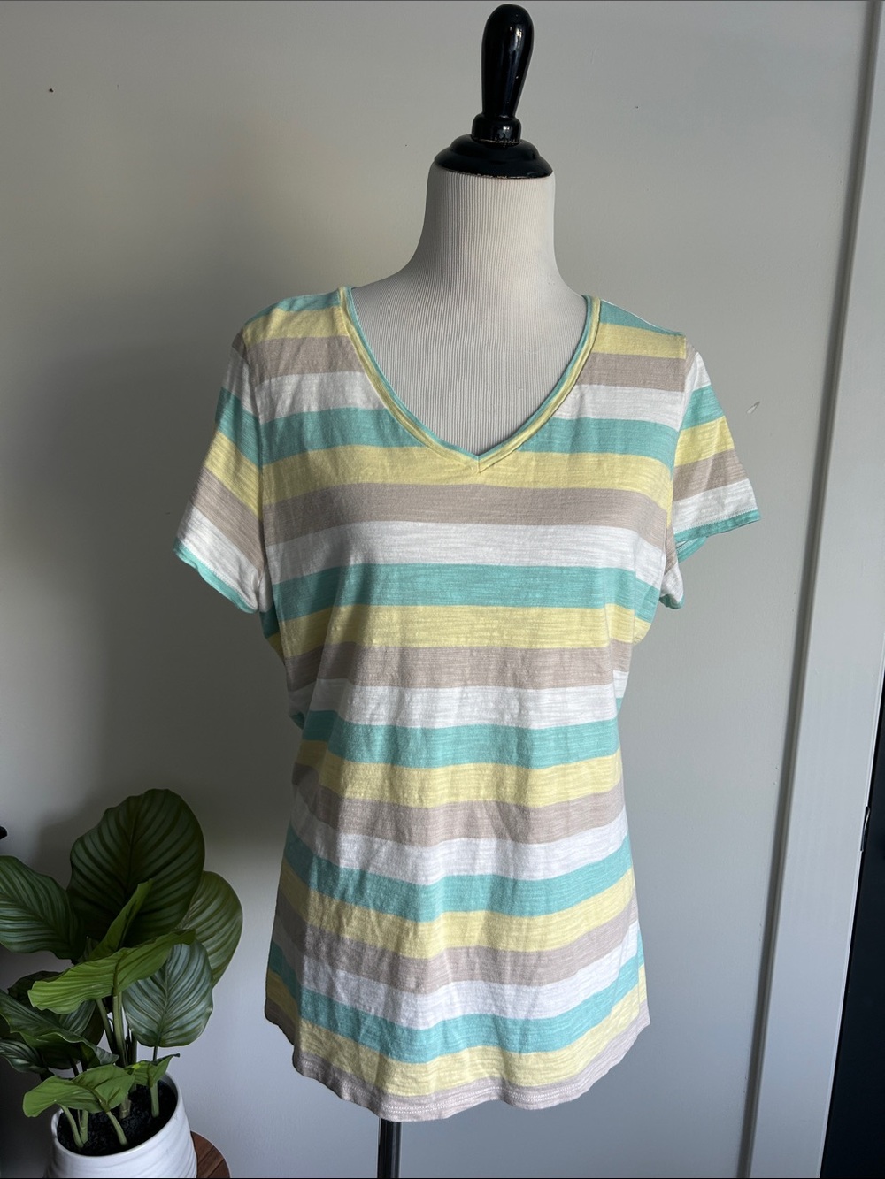 Belle L Striped V-Neck soft lightweight Tee in Yellow, Mint & White